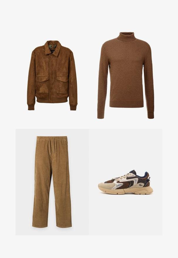 Brauner Kunstwildlederjacke mit Kragen, zwei aufgesetzten Fronttaschen, gerippten Bündchen und Saum. Glatte Textur und lockerer Schnitt.; Brauner Rollkragenpullover aus weichem Stoff, mit langen Ärmeln, gerippten Bündchen und tailliertem Schnitt ohne sichtbare Muster.; Kordhosen in einem warmen Braunton mit einem elastischen Bund und Kordelzügen, entspannter Passform und vertikaler Rippstruktur.; Beige und braune Sneakers mit strukturierten Netzpaneelen, Wildlederakzenten und einer Gummisohle. Verfügt über ein Schnürdesign und Marken-Detailing.