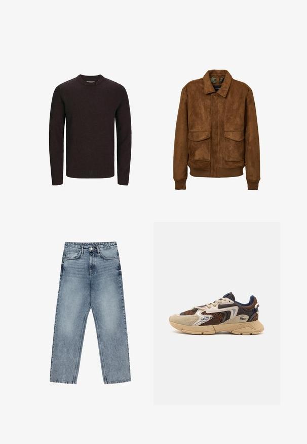 Giacca in faux suede marrone con colletto, due tasche a toppa frontali, polsini a coste e orlo. Texture liscia e vestibilità comoda.; Maglione marrone a girocollo realizzato in morbido tessuto knit. Presenta maniche lunghe e orlo e polsini ribattuti per una vestibilità aderente. Design semplice e monocolore.; Jeans in denim azzurro chiaro con taglio a gamba dritta, cuciture visibili, design a cinque tasche e chiusura a bottoni in vita.; Sneaker beige e marrone con pannelli in mesh testurizzati, accenti in suede e suola in gomma. Presenta un design con lacci e dettagli brandizzati.