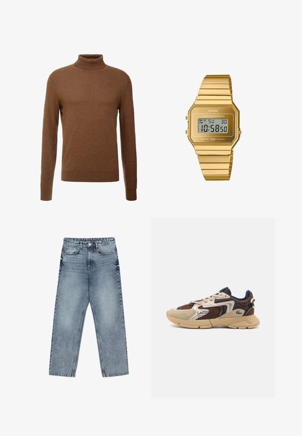 Giacca in faux suede marrone con colletto, due tasche a toppa frontali, polsini a coste e orlo. Texture liscia e vestibilità comoda.; Maglione dolcevita marrone realizzato in tessuto morbido, con maniche lunghe, polsini a coste e un design aderente senza motivi visibili.; Jeans in denim azzurro chiaro con taglio a gamba dritta, cuciture visibili, design a cinque tasche e chiusura a bottoni in vita.; Sneaker beige e marrone con pannelli in mesh testurizzati, accenti in suede e suola in gomma. Presenta un design con lacci e dettagli brandizzati.; Orologio digitale Casio con cassa e bracciale in acciaio inossidabile placcato oro a forma ottagonale, dotato di display LCD, sveglia e resistenza all'acqua.