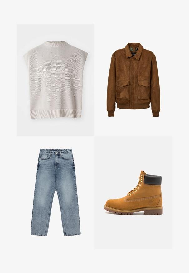 Brown faux suede jacket with a collar, two front patch pockets, ribbed cuffs, and hem. Smooth texture and relaxed fit.; Light beige knitted sleeveless top with a ribbed hem and round neck. Features a textured pattern and a loose-fitting design.; Light blue denim jeans with a straight leg cut, visible stitching, five pocket design, and a button closure at the waist.; Tan suede ankle boot with black padded collar, gold metal eyelets, white stitching detailing, and rugged rubber sole with pronounced treads.