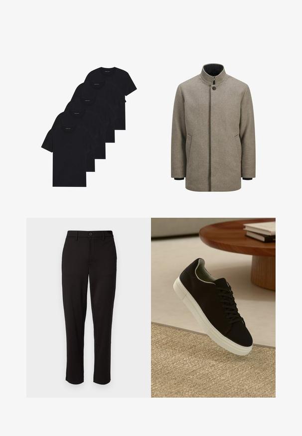 Brown wool-blend coat with a high collar, front button closure, and two side pockets; textured fabric and black inner lining.; Pack of five black crew-neck t-shirts. Short sleeves, cotton material, standard fit. Smooth texture with no visible patterns or embellishments.; Black trousers made of lightweight fabric, featuring a straight leg, front button closure, belt loops, and side pockets.; Black sneaker with white sole floating above beige textured rug near round wooden table with stacked books.