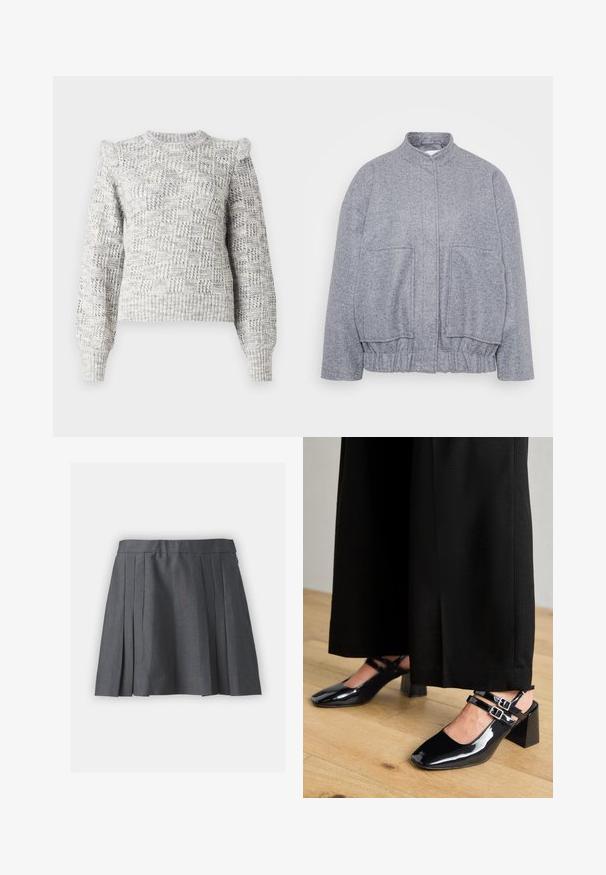 Grå, texturerad jacka med hög krage, elastisk nederkant och stora framfickor. Har en avslappnad passform och minimala sömdetaljer.; Ljust grå stickad tröja med en strukturerad rutmönster, ballongärmar och rundad halsringning. Har ribbade ärmslut och nederkant.; Grå plisserad kjol i texturerad tyg, med midjeband och dold dragkedja. Har jämnt fördelade plisseringar för en strukturerad look.; Svarta lackläders slingback-skor med fyrkantiga tår, utrustade med dubbelt justerbara ankelremmar och klackar i blockmodell. Slät, glänsande yta.