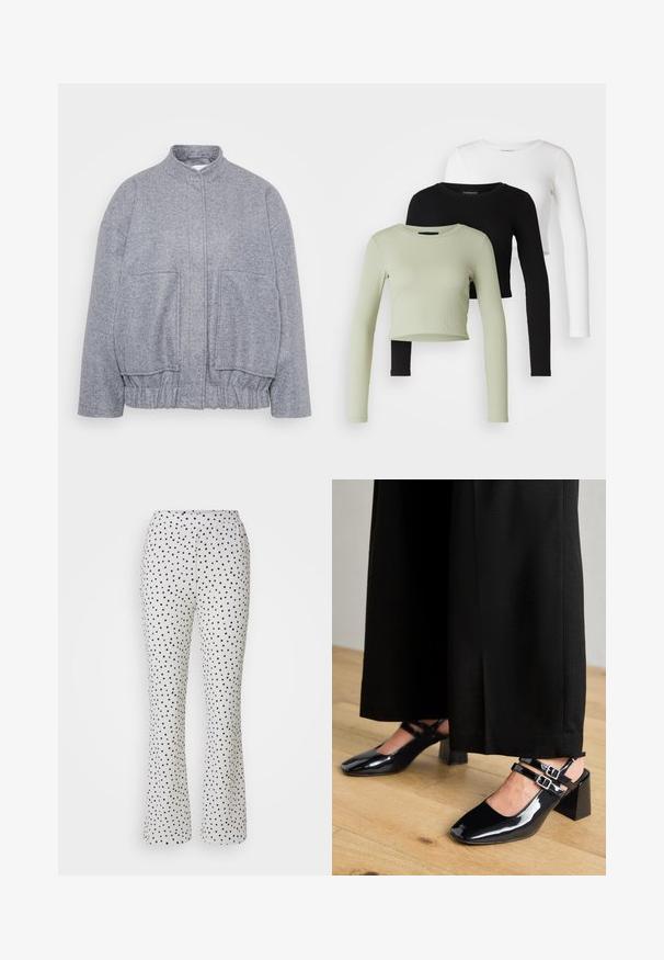 Veste grise texturée avec un col haut, un ourlet élastiqué et de grandes poches avant. Elle présente une coupe décontractée et un minimum de détails de couture.; Even&Odd Petite 3 PACK - T-shirt à manches longues - black/white/light green; Pantalon blanc à pois noirs, avec un design évasé et une taille élastique. Fabriqué en tissu léger et texturé.; Chaussures slingback en cuir verni noir avec bouts carrés, dotées de double brides ajustables à la cheville et de talons blocs. Fini lisse et brillant.