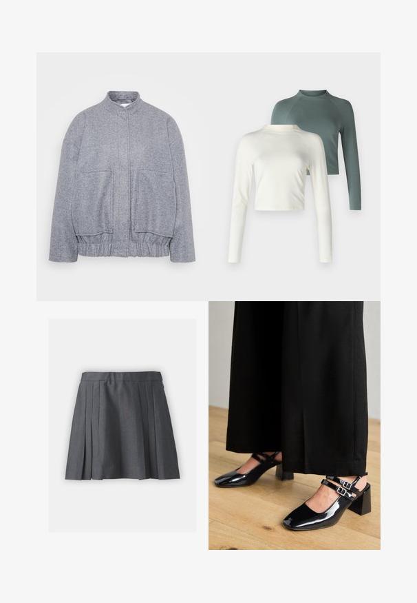 Szürke, texturált dzseki magas gallérral, elasztikus aljjal és nagy elülső zsebekkel. Laid-back fit és minimális varrási részletek jellemzik.; Két hosszúujjú felső: egy krémszínű, cropped stílusú és egy zöld, normál hosszúságú, raglan ujjal. Mindkettő puha anyagból készült.; Szürke, redős szoknya texturált anyagból, derékpánttal és rejtett cipzárral. Egyenletesen elhelyezett redők jellemzik, ami strukturált megjelenést kölcsönöz.; Fekete lakkozott bőr slingback cipők négyzet alakú orral, kettős, állítható bokapántokkal és tömbsarkakkal. Simább, fényes felület.