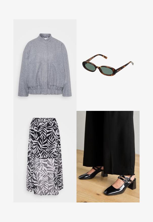 Siva, teksturirana jakna z visokim ovratnikom, elastičnim robom in velikimi sprednjimi žepi. Ima sproščen kroj in minimalne šive.; Dva dolgimi rokavi: ena krema barve, skrajšana zasnova, in ena zelena, običajne dolžine z raglan rokavi. Obe iz mehkega materiala.; Krilo s motivom listov v črno-beli barvi, izdelano iz lahkega, teksturiranega blaga, s elastičnim pasom in dolžino do tal.; Črne patentne usnjene sandale s kvadratnimi prsti, opremljene z dvema nastavljivima zapestnicama in blokastimi petami. Gladka, sijoča končana.; Žirafne sončna očala z ovalnimi okvirji in zelenimi lečami. Imajo tanke ročice z metalnim poudarkom blizu tečajev.