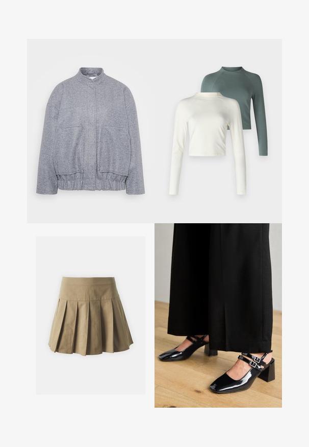 Šedá textúrovaná bunda s vysokým golierom, elastickým lemom a veľkými prednými vreckami. Vyznačuje sa voľným strihom a minimálnymi detailmi šitia.; Dve blúzky s dlhým rukávom: jedna krémová v skrátenom strihu a jedna zelená s bežnou dĺžkou a raglánovými rukávmi. Obe sú z mäkkej tkaniny.; Khaki plisovaná sukňa s priliehavým pásom, vyrobená z bavlnenej tkaniny, s jednou textúrou a rozšíreným, krátkym strihom.; Čierne lakkové slingback topánky so štvorcovými špičkami, s dvojitými nastaviteľnými remienkami na členkoch a blokovým podpätkom. Hladký, lesklý povrch.
