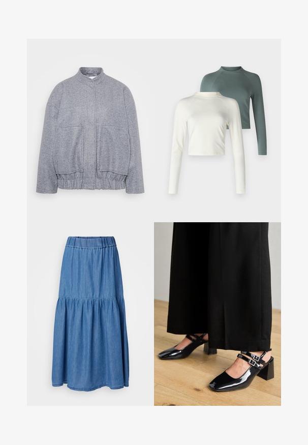 Grå, teksturert jakke med høy krage, elastisk kant og store frontlommer. Har en avslappet passform og minimal sømdetalj.; To lange ermelige topper: en kremfarget, kort modell og en grønn, vanlig lengde med raglanermer. Begge i et mykt stoff.; Denim maxiskjørt med elastisk liv, lagdelt design og lys blå farge. Jevn tekstur, fyldig form med flagrende kant.; Sorte patentlæder slingback sko med firkantede tæer, med dobbelte justerbare ankelremme og blokhæle. Glat, skinnende finish.
