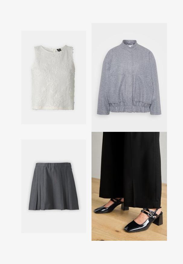 Hallikas tekstureeritud jakk kõrge kraega, elastse puusajoontega ja suurte esikätega. Omab vabalt liikuvat lõiget ja minimaalseid õmbluse detaile.; Valge ilma varrukateta topp, millel on tekstureeritud kangas koos broderitud lillemustertega, ümar kaelus ja nööbiga kinnitamine taga.; Hallide hallidega hall seelik, millel on tekstureeritud kangas, elastne vöökoht ja peidetud lukk. Omab ühtlaselt jaotatud volte, et luua struktureeritud välimus.; Mustad nahast slingback kingad ruudukujuliste varvastega, millel on kahekordne reguleeritav pahkluu rihm ja plokkninad. Sile, läikiv pind.