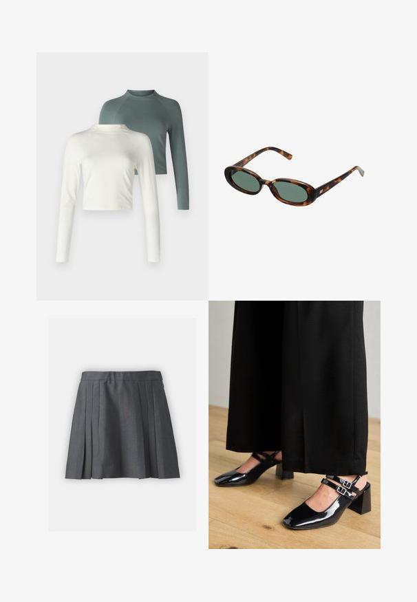 Jachetă gri, texturată, cu guler înalt, tiv elasticizat și buzunare mari în față. Prezintă o croială lejeră și detalii de cusătură minime.; Două bluze cu mânecă lungă: una de culoare crem, cu un design scurt, și una verde, de lungime normală, cu mâneci raglan. Ambele dintr-un material moale.; Fustă plisată gri dintr-un material texturat, cu un centură și fermoar ascuns. Prezintă plisuri uniform distribuite pentru un aspect structurat.; Pantofi slingback din piele patent neagră, cu vârfuri pătrate, având două curele ajustabile la gleznă și toc bloc. Finisaj neted și strălucitor.; Ochelari de soare cu ramă din scoică de broască țestoasă și lentile verzi. Au brațe subțiri cu un accent metalic aproape de balamale.