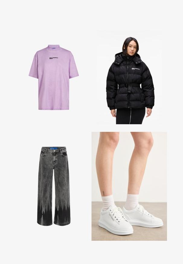 Sort pufferjakke med bælte i taljen, høj krave og lynlås-lukning. Har en glat finish og quiltet mønster for isolering.; Lavendel kortærmet T-shirt med høj krave, der har et sort "KARL LAGERFELD JEANS" logo på forsiden. Blød, glat tekstur.; Bredde ben jeans i falmet sort denim, med en dip-dye effekt, stålhardware og et klassisk fem-lomme design med en standard talje.; Hvite lærsneakers med en glat tekstur, rund tå og flad gummisål. Snørebåndene er synlige, og sokkekanterne er hvide.