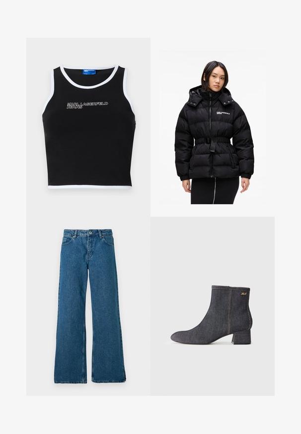 Melnas pufe jaka ar jostas vidukli, augstu apkakli un rāvējslēdzēju. Ievērojams ar spīdīgu apdari un šūtu rakstu siltumizolācijai.; Melna bezpiedurkņu blūze ar baltu apdari, kurā ir uzraksts "KARL LAGERFELD JEANS" baltā krāsā. Izgatavota no gludas auduma.; Platieji zilo denimu bikses ar klasisku piecu kabatu dizainu, ar priekšējo pogu un rāvējslēdzēju, un viegli izbalinātu tekstūru.; Tumši denima potītes zābaki ar norādītu pirkstu, bloku papēdi, redzamām šuvēm un subtilu zīmola logo sānos. Gluda tekstūra.