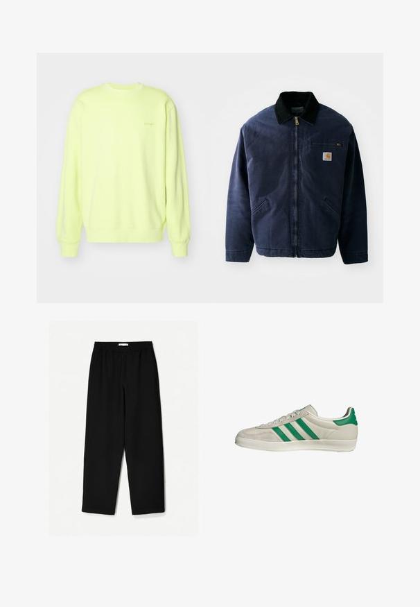 Marineblaue Arbeitjacke mit einem schwarzen corduroy Kragen, Frontreißverschluss, Brusttasche und zwei Seitentaschen. Glattes Material mit einer strukturierten Passform.; Helle gelbe Sweatshirt aus weichem Stoff, mit Rundhalsausschnitt, langen Ärmeln und gerippten Bündchen. Dezentes Logo auf der Vorderseite.; Schwarze, weit geschnittene Hose aus leichtem Stoff. Mit elastischem Bund und glatter Textur. Keine sichtbaren Muster oder Beschläge.; Beige Sneaker mit grünen Streifen, ausgestattet mit einer weißen Sohle und einem Obermaterial aus glattem Leder. Seitenansicht, die die Schnürdetails und das Logo hervorhebt.