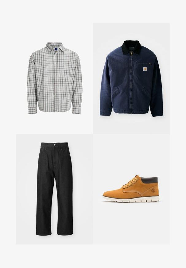 Mornarsko modra delovna jakna s črnim kordnim ovratnikom, sprednjim zadrgo, žepom na prsih in dvema stranskima žepoma. Gladek material z strukturirano prileganjem.; Srajca z dolgimi rokavi z gumbom, ki ima svetlo modri in rjavi karirasti vzorec, s prsno žepom in zaobljenim ovratnikom. Material je mešanica bombaža.; Črne jeans hlače z ohlapnim krojem, visokim pasom, zadrgo in pet-pocket zasnovo. Vidne šive poudarjajo celoten videz.; Rjave antilopne gležnjarje z oblazinjenim ovratnikom, ki vsebujejo zlate luknjice in vezalke, kontrastno šivanje ter belo gumijasto podplato.