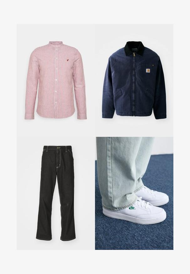 Μπλε ναυτικό σακάκι εργασίας με μαύρο βελούδινο γιακά, μπροστινό φερμουάρ, τσέπη στο στήθος και δύο πλαϊνές τσέπες. Απαλή υφή με δομημένη εφαρμογή.; Κόκκινο και λευκό ριγωτό πουκάμισο μακρυμάνικο με μαντίλα, κουμπιά μπροστά και μικρό λογότυπο στη θήκη. Υφασμάτινο από βαμβάκι.; Μαύρα τζιν παντελόνια με χαλαρή εφαρμογή, που διαθέτουν λευκές ραφές σε αντίθεση, κλείσιμο με κουμπί και ίσια γραμμή.; Λευκά δερμάτινα sneakers με πράσινο λογότυπο Nike, στρογγυλή μύτη, επίπεδη σόλα, συνδυασμένα με ανοιχτό μπλε τζην παντελόνι, τοποθετημένα σε μπλε χαλί.