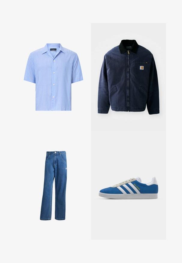 Marineblå arbejdsjakke med krave i sort fløjl, frontlynlås, brystlomme og to sidelommer. Glat stof med en struktureret pasform.; Kortærmet button-up skjorte i lyseblå med hvide lodrette striber. Lavet af letvægtigt stof, med klassisk krave og fem knapper.; Blå højtaljede viddebukser i denim med forlommer, bælteløkker, knaplukning og lille Adidas-logo på højre lår.; adidas Originals ADIDAS GAZELLE SHOES - Indendørsfodboldstøvler - real madrid/bluebird/footwear white/crew yellow