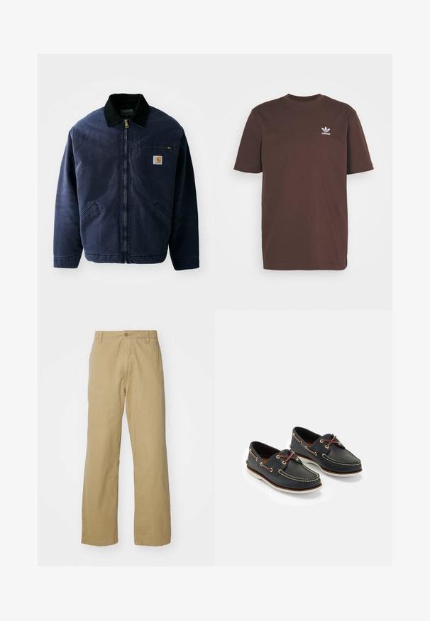 Navy blue work jacket with a black corduroy collar, front zipper, chest pocket, and two side pockets. Smooth fabric with a structured fit.; adidas Originals TREFOIL ESSENTIALS - Print T-shirt - shadow brown; Khaki cotton trousers with a straight-leg design, featuring a front button closure and side pockets. Smooth, sturdy texture.; Navy leather boat shoes with yellow stitching, red laces, and silver eyelets; round toe; white rubber sole.