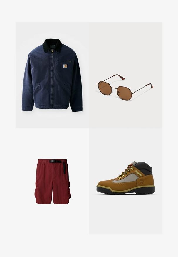 Mörkblå arbetsjacka med svart manchesterkrage, framsidan med dragkedja, bröstficka och två sidofickor. Slät tyg med en strukturerad passform.; Brun bomull t-shirt med avslappnad passform, kort ärm och en liten "LÄCKRA FÄRSKA FRUKTER" grafik i vitt och lila.; Mörkröda cargo-shorts med elastisk midja och justerbart bälte. Har två sidofickor för förvaring. Tillverkade av lättviktigt material.; Brun vandringskänga med grå och svarta accenter, texturerad läderöverdel, metalöglor och en robust gummisula för grepp.; Bruna oktogonala solglasögon med tunna mörka metallramar, justerbara näskuddar och bruna tonade linser; bågarna har en orange accent.
