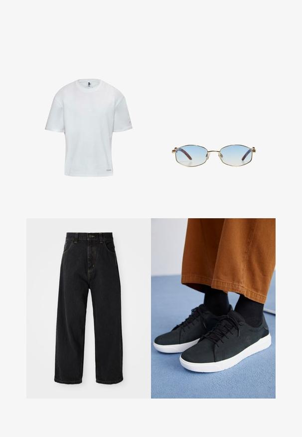 Marineblå arbejdsjakke med krave i sort fløjl, frontlynlås, brystlomme og to sidelommer. Glat stof med en struktureret pasform.; Hvid bomulds T-shirt med rund halsudskæring og korte ærmer. Lige snit med et lille logo på siden. Glat tekstur.; Sorte denim jeans med vide ben og høj talje, frontknap, lynlås samt gule syninger på lommer og sømme.; Sorte ruskinds sneakers med hvide gummisulder, med snørebånd-design, teksturerede detaljer og diskret branding, parret med brune bukser.; Ovale solbriller med lyseblå gradientlinser, guldfarvet metalramme og arme i brun acetat. Har små detaljer på siden af rammen.