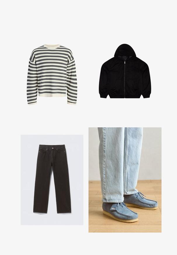 Sort zip-up hoodie med en blød tekstur, der har hætte, to forlommer og et broderet logo på brystet.; Stribet sweater i creme og mørkegrå, med en ribbet rund hals, lange ærmer og en afslappet pasform med en cropped nederdel.; Svarte denimjeans med straight-leg design, fem lommer og kobberfarvet syning. Glat tekstur, klassisk knaplukning i taljen.; Blå ruskinds mokkasin sko med en lysebrun gummisål, der har sløjfebånd og et lille mærke på siden, parret med lyse denimjeans.