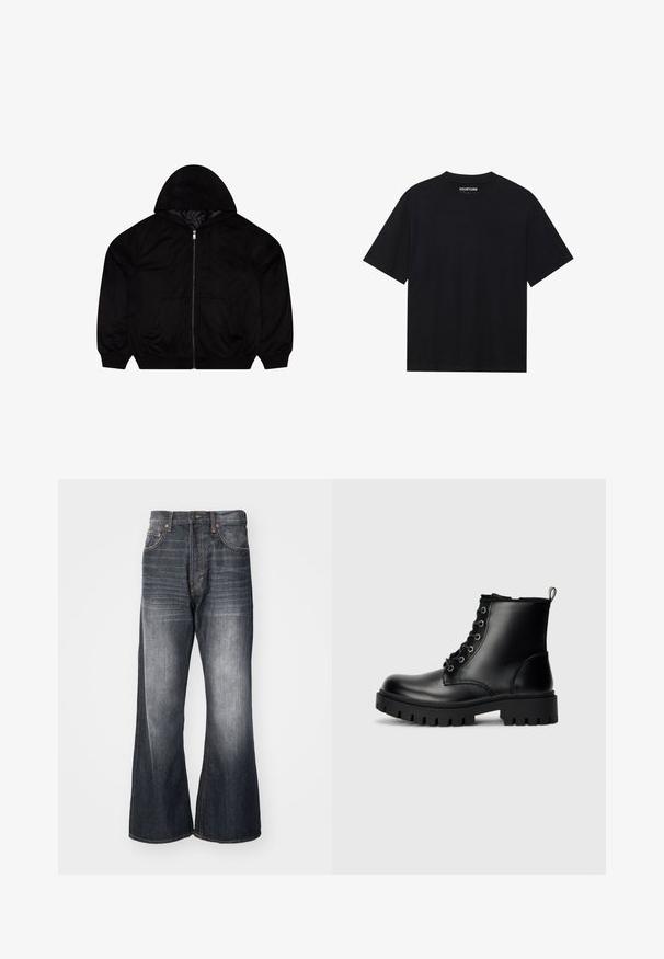 Schwarze Kapuzenjacke mit weicher Textur, ausgestattet mit einer Kapuze, zwei Vordertaschen und einem gestickten Logo auf der Brust.; Schwarzes T-Shirt mit kurzen Ärmeln und rundem Halsausschnitt, aus weichem Baumwollstoff gefertigt. Hat ein minimalistisches Design ohne sichtbare Muster oder Hardware.; Weekday TIME LOOSE BOOTCUT - Jeans Straight Leg - ash black; Schwarze Leder-Stiefeletten mit runder Spitze, Schnürdesign und einer robusten, dicken Sohle. Verfügt über eine Ziehschlaufe an der Ferse und silberne Beschläge.