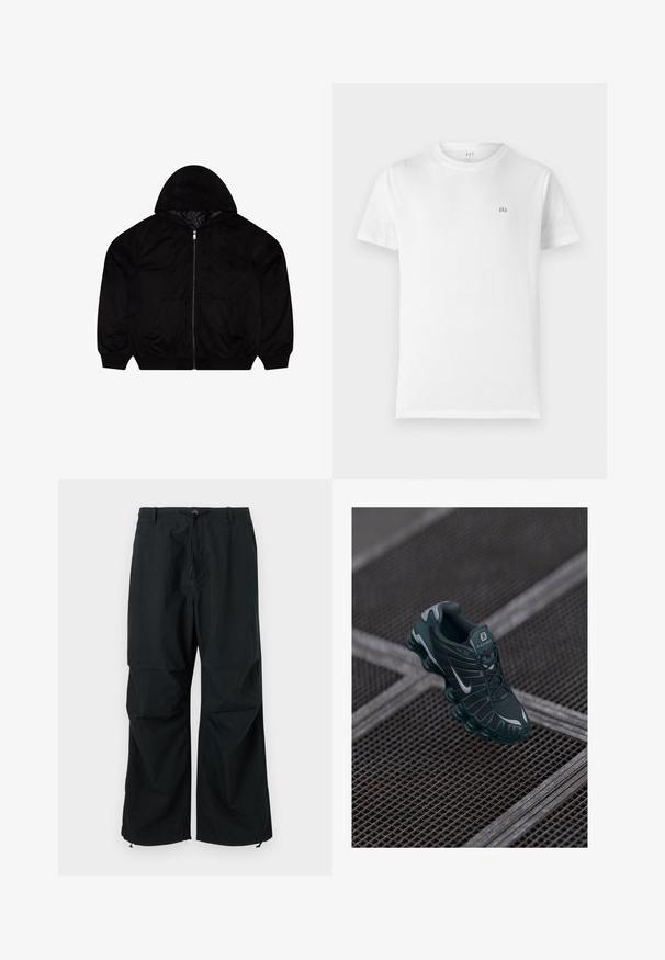 Black zip-up hoodie with a soft texture, featuring a hood, two front pockets, and an embroidered logo on the chest.; White cotton t-shirt with a classic crew neck, short sleeves, and a small, grey GAP logo on the left chest. Simple, unembellished design.; Black, wide-legged trousers featuring a drawstring waist and elastic hems. Made of lightweight, textured fabric. Simple design.; Dark green Nike Shox sneaker with mesh upper, rubber accents, and distinctive cushioned sole. Silver Nike logo on the side. Textured details visible.