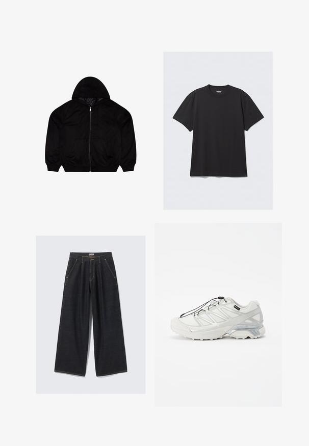 Černá zipová mikina s měkkou texturou, která má kapuci, dvě přední kapsy a vyšívané logo na hrudi.; Černé krátké tričko s krátkým rukávem vyrobené z bavlny. Má kulatý výstřih a volný střih. Jednoduchý design bez viditelných vzorů nebo akcentů.; Tmavě modré široké kalhoty s předními sklady, šikmými kapsami, poutky na opasek a knoflíkovým zapínáním v pase s označením "WEEKDAY."; Bílé sportovní boty s texturovaným síťovým svrškem, reflexními akcenty a polstrovanou podrážkou. Obsahují elastické tkaničky a šedé detaily.