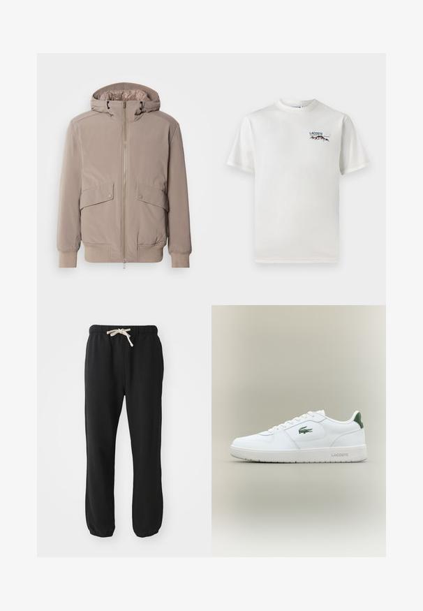 Gai bēšs bomberis ar rāvējslēdzēju priekšā, divām priekšējām kabatām un kapuci. Iekļautas ribota aproces un apakšmalas, gluda auduma virsma.; Balts kokvilnas T-krekls ar apaļu kakla izgriezumu, īsām piedurknēm un mazu izšūtu logo ar kalniem un tekstu kreisajā krūtīs.; Melnas sporta bikses ar elastīgu jostasvietu un auklu, sašaurinātas kājas ar elastīgiem piedurknēm, izgatavotas no mīkstas auduma. Redzamas nav kabatas.; Baltas ādas sneakers ar gludu apdari, zaļiem akcentiem uz papēža un zaļu logotipu sānos. Iezīmē platu zoli un apaļu pirkstu.