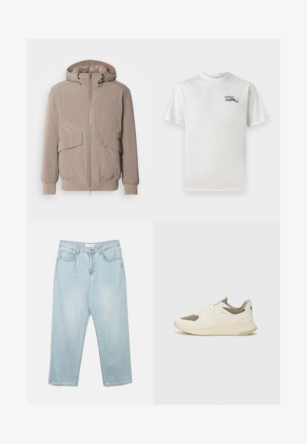 Šviesiai ruda bombonešių striukė su užtrauktuku priekyje, dviem priekiais kišenėmis ir gobtuvu. Yra įrengti elastingi rankogaliai ir apykaklė, lygus audinio paviršius.; Baltas medvilninis marškinėliai su apykakle, trumpomis rankovėmis ir mažas siuvinėtas logotipas, vaizduojantis kalnus ir tekstą ant kairiojo krūtinės.; Šviesiai mėlyni džinsai su atsipalaidavusiu siluetu, penkiais kišenėmis, mygtukų uždarymu ir subtiliu nusidėvėjimu. Audinys lygus ir šiek tiek dėvėtas.; Baltas ir šviesiai bežinis sportinis kedas, su tinklo viršumi, perforuotais detalėmis ir tekstūruotu tarpine su logotipu ant kulno.