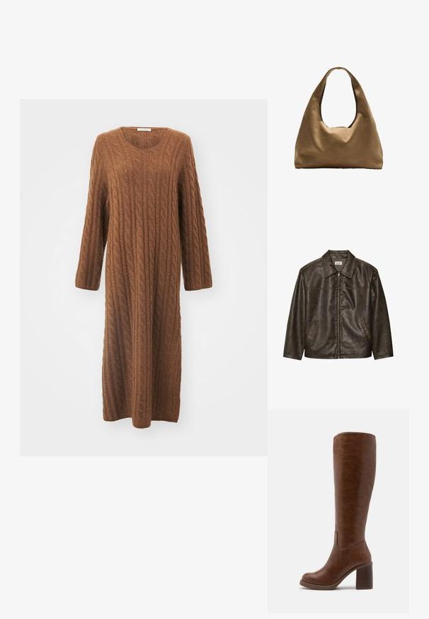 Brun läderjacka med krage, dragkedja och två sidofickor. Slät textur med en något sliten finish.; Lång, brun stickad klänning med kabelmönster, rund ringning och långa ärmar. Tyget verkar mjukt och strukturerat, når till mitten av vadlena.; Bruna knähöga stövlar i slät konstläder, med rund tå, blockklack med vertikala spår och en minimalistisk design.; Brun tygaxelväska med en bred, rundad kropp och ett stort utskärningshandtag. Mjukt material, minimalistisk design och ingen synlig hårdvara.