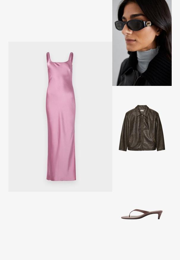 Jachetă din piele maro cu guler, închidere cu fermoar și două buzunare laterale. Textură netedă cu un finisaj ușor uzat.; Rochie din satin roz, cu decolteu pătrat, bretele subțiri, design lung până la podea, textură netedă și detalii minime.; Sandaș cu toc înalt, de culoare maro, cu o curea subțire și vârf rotunjit, având un mic accent auriu pe talpa interioară.; Ochelari de soare negri, cu un cadru rectangular elegant și un accent cu logo auriu pe lateral. Lentile întunecate și finisaj lucios sunt proeminente.; Geantă din suede de culoare bej, cu două mânere lungi, formă rectangulară și cusături decorative. Dispune de o curea laterală și detalii subtile din aur.