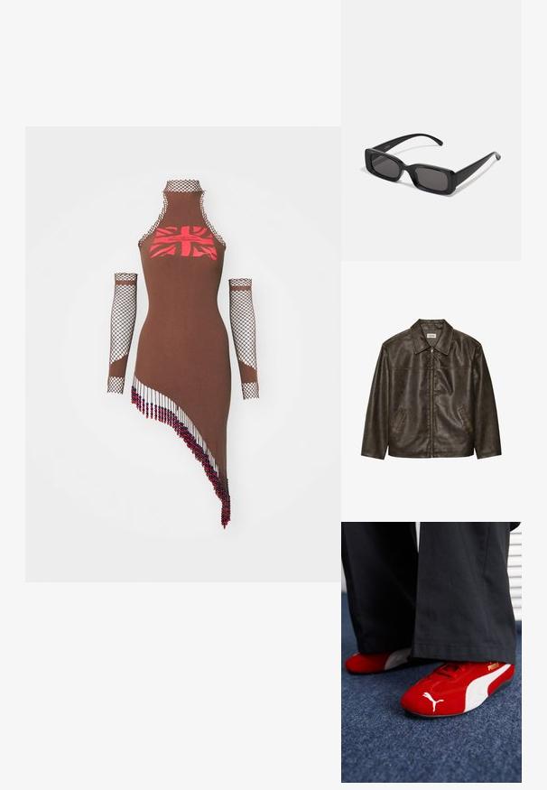 Hnědá kožená bunda s límcem, zipovým zapínáním a dvěma postranními kapsami. Hladký povrch s jemně opotřebovaným vzhledem.; Sinead Gorey UNION JACK PRINTED DRESS WITH BEADED TASSELS AND GLOVES - Žerzejové šaty - brown; Červené semišové tenisky s bílými detaily, mají texturovaný materiál, kulatou špičku a zlaté logo na boku, nošené s černými kalhotami.; Černé obdélníkové sluneční brýle s tmavými skly, lesklým povrchem, širokými ramínky a robustním designem rámu. Vytlačený název značky na jednom ramínku.