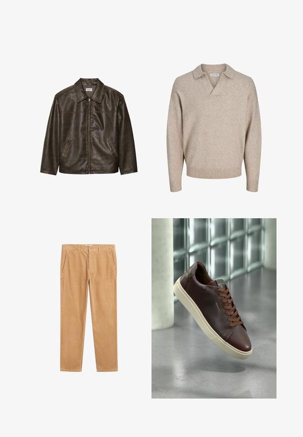 Veste en cuir marron avec un col, fermeture éclair et deux poches latérales. Texture lisse avec une finition légèrement vieillie.; Pull en tricot beige avec un col en V et un col court. Comprend des poignets et un ourlet côtelés, fabriqué dans un tissu doux et texturé.; Pantalons en velours côtelé marron clair à jambe droite, avec des poches latérales et une texture lisse. Pas de motifs ou d'accents visibles.; Baskets en cuir marron avec un bout arrondi, lacets marron et semelle en caoutchouc beige. Présente un branding minimaliste sur le côté.