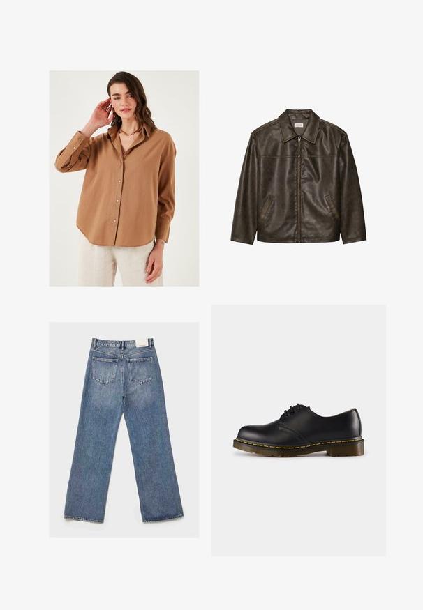 Brown leather jacket with a collar, zip closure, and two side pockets. Smooth texture with a slightly distressed finish.; Black long-sleeve sweater with a V-neck design, made of a textured knit fabric. Features straight-cut hem and subtle brand label.; Brown button-up shirt with a relaxed fit, long sleeves, and a slightly curved hem; made of lightweight fabric with subtle texture.; Light blue denim jeans with a loose, wide-leg design. Two back pockets, faded texture, and a waistband label at the back.; Black leather shoe with rounded toe, lace-up design, yellow stitching along the sole, and a chunky, textured rubber outsole.