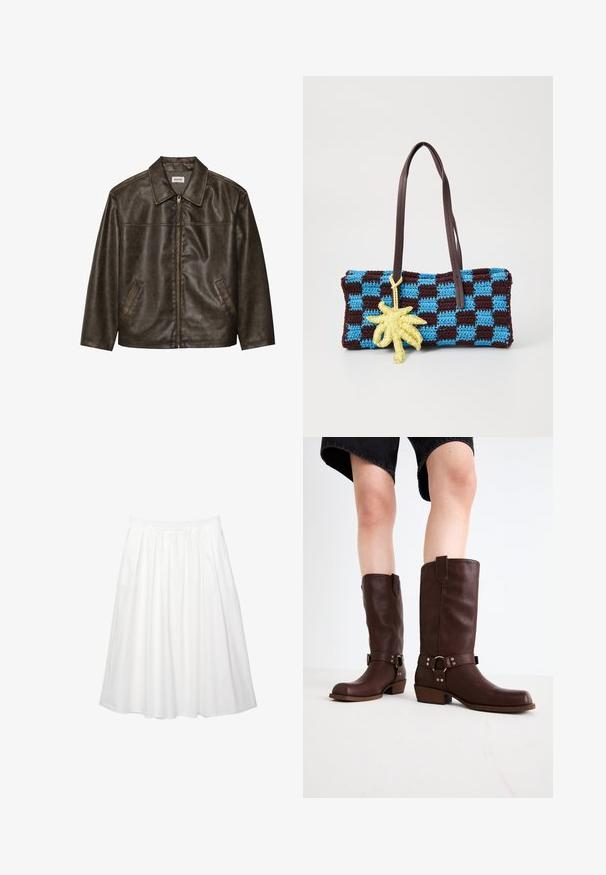Brązowa skórzana kurtka z kołnierzem, zapinana na zamek, z dwiema bocznymi kieszeniami. Gładka tekstura z lekko postarzanym wykończeniem.; Szara krótka bluza z wysokim kołnierzem, prążkowanymi mankietami i dołem, oraz opadającymi ramionami. Miękka tekstura z minimalną ilością szwów.; Biała spódnica do kolan o marszczonym fasonie. Posiada elastyczny pas dla łatwości w noszeniu. Wykonana z lekkiej bawełnianej tkaniny.; Brązowe skórzane kozaki do kolan z okrągłym noskiem, teksturowaną powierzchnią, paskiem w okolicy kostki i srebrnymi detalami; na platformie.; Szydełkowana torebka w niebiesko-brązowym wzorze w kratę z żółtym zawieszką w kształcie palmy. Posiada brązowe skórzane paski i prostokątny kształt.