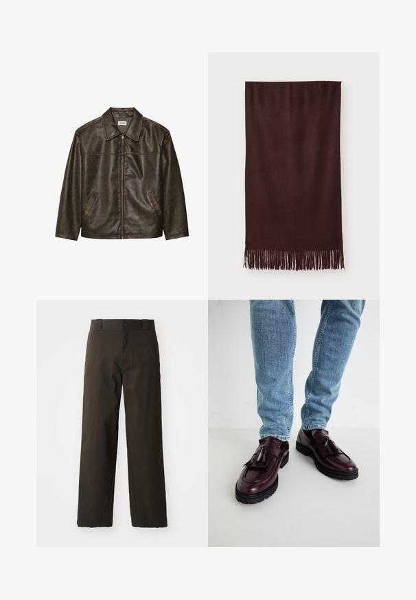 Brun läderjacka med krage, dragkedja och två sidofickor. Slät textur med en något sliten finish.; Brun stickad ärmlös väst med ribbat runt halsen, ärmhål och nederkant, liggande platt på en vit bakgrund.; Svart bomullströja med rundad halsringning, korta ärmar och rak nederkant. Slät textur; enkel, odekorerad design.; Svarta bomull byxor med rak benform, med knappstängning och en klassisk midja. Slät textur, inga mönster eller detaljer.; Burgunderfärgade läderloafers med tofsar och en texturerad ovandel, parat med ljusblå denimjeans. Svart gummisula synlig.; Mörkröd scarf i mjukt tyg, med en slät yta och långa fransar vid nederkanten för extra detalj. Rektangulär form, hänger platt.