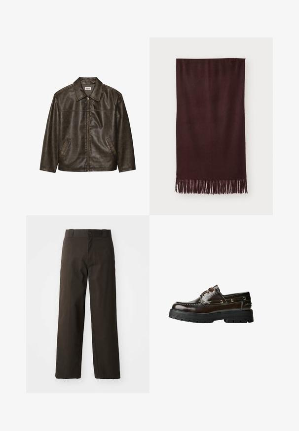 Braune Lederjacke mit Kragen, Reißverschluss und zwei Seitentaschen. Glatte Textur mit einem leicht abgenutzten Finish.; Brauner gestrickter ärmelloser Strickpullover mit geripptem Rundhalsausschnitt, Armausschnitten und Saum, flach auf einem weißen Hintergrund ausgelegt.; Schwarzes Baumwoll-T-Shirt mit Rundhalsausschnitt, kurzen Ärmeln und geradem Saum. Glatte Textur; schlichtes, ungeschmücktes Design.; Schwarze Baumwollhosen mit geradem Bein, ausgestattet mit einem Knopfverschluss und einem klassischen Bund. Glatte Textur, keine Muster oder Akzente.; Braune Lederbootsschuhe mit Gummisohle, die mit Nahtdetails, Metallösen und einer Schnürung ausgestattet sind. Robuste, leichtgewichtige Konstruktion.; Bordeauxfarbener Schal aus weichem Stoff, mit glatter Textur und langen Fransen am Saum für zusätzliche Details. Rechteckige Form, liegt flach.