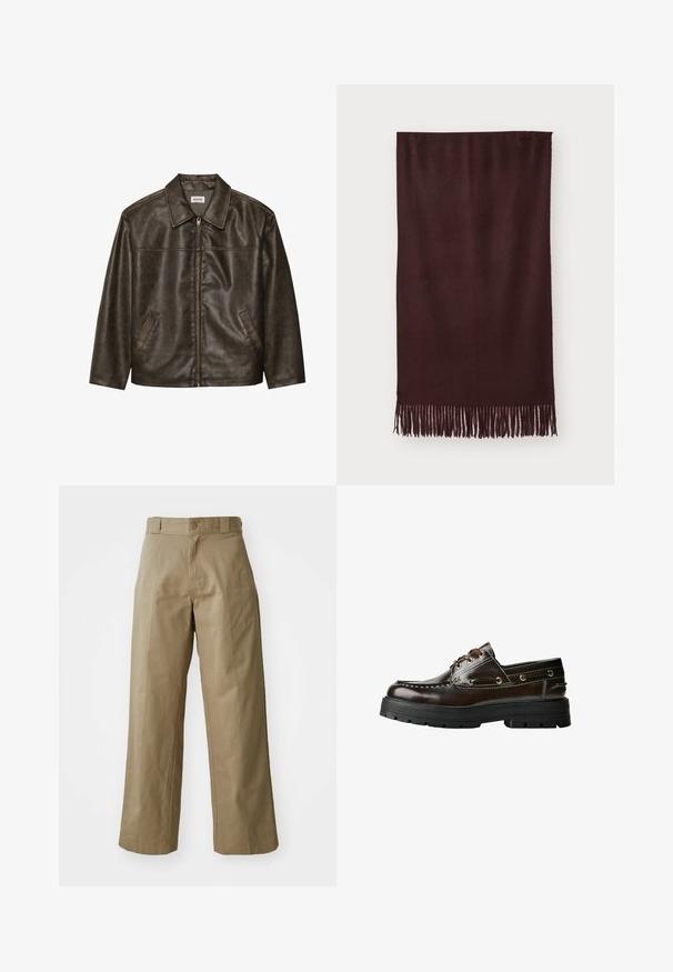 Rjav usnjeni jopič s ovratnikom, zadrgo in dvema stranskima žepoma. Gladka tekstura z rahlo obrabljenim videzom.; Bela pletena brezrokavna jopica z ribastim okroglim izrezom, izrezom za roke in robom, položena na beli podlagi.; Črna bombažna majica s krožno odprtino, kratkimi rokavi in ravnim robom. Gladka tekstura; preprost, nezakrit dizajn.; Beige široke hlače iz mešanice bombaža, s posamezno gumbno zaponko in vidnimi stranskimi žepi. Gladka tekstura, detajl gub.; Rjave usnjene čolnaste čevlje z gumijastim podplatom, ki imajo šive, kovinske okovje in vezalni dizajn. Debela, lahka konstrukcija.; Bordo šal iz mehkega blaga, z gladko teksturo in dolgimi resicami na robu za dodatno podrobnost. Pravokotna oblika, lepo se prilega.