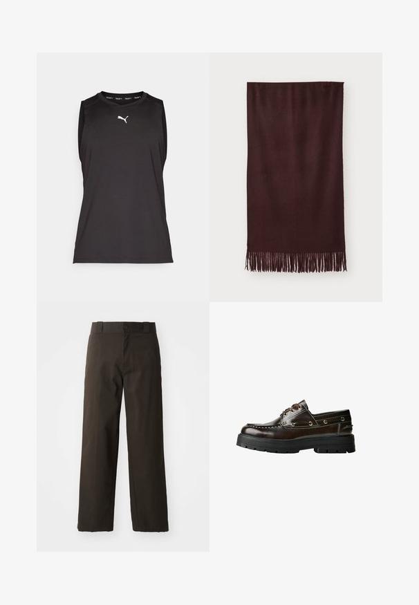 Brązowa skórzana kurtka z kołnierzem, zapinana na zamek, z dwiema bocznymi kieszeniami. Gładka tekstura z lekko postarzanym wykończeniem.; Brązowy dzianinowy bezrękawnik z ribbowanym okrągłym dekoltem, otworami na ramiona i dołem, rozłożony na białym tle.; Czarna sportowa koszulka bez rękawów wykonana z lekkiego materiału, z okrągłym dekoltem i białym logo Puma na piersi oraz logo na żeberkowym kołnierzyku.; Czarne bawełniane spodnie o prostym kroju, z zapięciem na guzik i klasycznym paskiem. Gładka tekstura, bez wzorów lub akcentów.; Brązowe skórzane buty żeglarskie z gumową podeszwą, z detalami w postaci przeszyć, metalowymi oczkami oraz sznurowanym designem. Masywna, lekka konstrukcja.; Bordowy szalik wykonany z miękkiego materiału, o gładkiej teksturze i długich frędzlach na dole dla dodatkowego akcentu. Prostokątny kształt, układa się płasko.