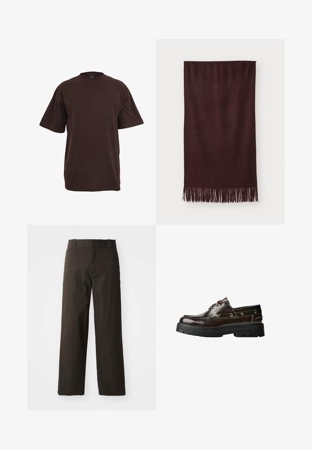 Barna bőrdzseki gallérral, cipzárral és két oldalsó zsebbel. Simaszerű textúra, enyhén kopott hatással.; Barna kötött ujjatlan pulóver, bordás kerek nyakkal, karöltőkkel és aljjal, fehér háttérre helyezve.; Barna pamut póló rövid ujjakkal, kerek nyakkivágással és laza szabással. Sima textúra, látható minták vagy díszítések nélkül.; Fekete pamut nadrág egyenes szabással, gombos záródással és klasszikus derékrésszel. Simább textúra, minták vagy díszítések nélkül.; Barna bőr csónakcipő, gumitalppal, varrási részletekkel, fém fűzőlyukakkal és fűzős kialakítással. Masszív, könnyű szerkezet.; Bordó sál, puha anyagból készült, sima textúrával és hosszú rojtokkal az alján, amelyek extra részletet adnak hozzá. Téglalap alakú, laposan omlik.