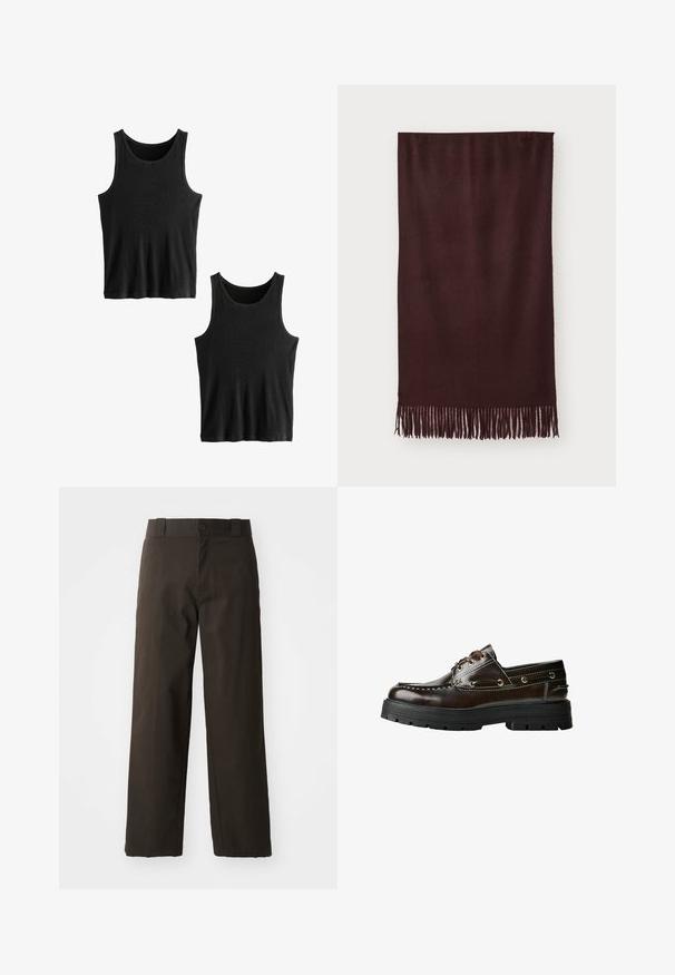 Giacca in pelle marrone con colletto, chiusura a zip e due tasche laterali. Texture liscia con una finitura leggermente invecchiata.; Gilet senza maniche in maglia marrone con collo a giro, giroschi e orlo a coste, posato su uno sfondo bianco.; Next TWO PACK - Top - black ribbed; Pantaloni di cotone neri con design a gamba dritta, dotati di chiusura con bottone e vita classica. Texture liscia, senza pattern né accenti.; Scarpa da barca in pelle marrone con suola in gomma, dotata di dettagli di cucitura, occhielli metallici e design con lacci. Costruzione robusta e leggera.; Sciarpa marrone scura realizzata in tessuto morbido, caratterizzata da una texture liscia e lunghe frange sull'orlo per un tocco di dettaglio. Forma rettangolare, si drappeggia piatta.