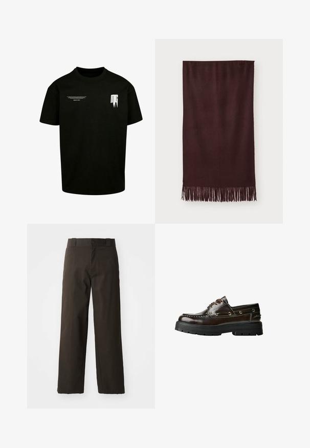 Rjav usnjeni jopič s ovratnikom, zadrgo in dvema stranskima žepoma. Gladka tekstura z rahlo obrabljenim videzom.; Bela pletena brezrokavna jopica z ribastim okroglim izrezom, izrezom za roke in robom, položena na beli podlagi.; Črna bombažna majica s kratkimi rokavi, okroglo izreza in belim tiskanim besedilom ter grafičnimi poudarki spredaj.; Črne bombažne hlače s ravnim krojem, opremljene z gumbom in klasičnim pasom. Gladka tekstura, brez vzorcev ali okrasnih elementov.; Rjave usnjene čolnaste čevlje z gumijastim podplatom, ki imajo šive, kovinske okovje in vezalni dizajn. Debela, lahka konstrukcija.; Bordo šal iz mehkega blaga, z gladko teksturo in dolgimi resicami na robu za dodatno podrobnost. Pravokotna oblika, lepo se prilega.
