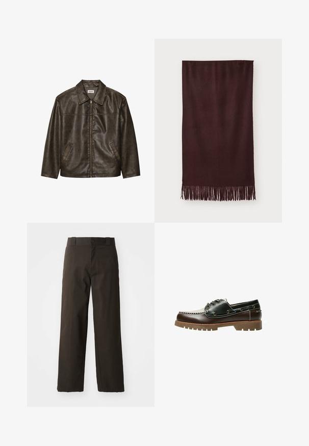 Ruskea nahkatakki, jossa on kaulus, vetoketjukiinnitys ja kaksi sivutaskua. Silkkinen pinta, jossa on hieman kulunut viimeistely.; Ruskea hihaton neulepaita pyöreällä pääntiellä, resorit reunoissa ja pehmeä pinta; merkinnässä lukee "WEEKDAY."; Musta puuvillainen T-paita, jossa on pyöreä kaula-aukko, lyhyet hihat ja suora helma. Sileä rakenne; yksinkertainen, koristelematon muotoilu.; Mustat puuvillahousut suoralla lahkeella, joissa on nappisulku ja klassinen vyötärö. Sujuva rakenne, ilman kuvioita tai yksityiskohtia.; Ruskea ja musta nahkainen purjevenekenkä nauhoituksella, kontrastipistelyllä ja teksturoidulla kumipohjalla. Ominaisuuksiin kuuluu metalliset reiät ja pyöreä kärki.; Burgundy huivi, joka on valmistettu pehmeästä kankaasta. Huivissa on sileä pinta ja pitkät hapsut reunoissa lisätyylin vuoksi. Suorakulmainen muoto, laskeutuu tasaisesti.