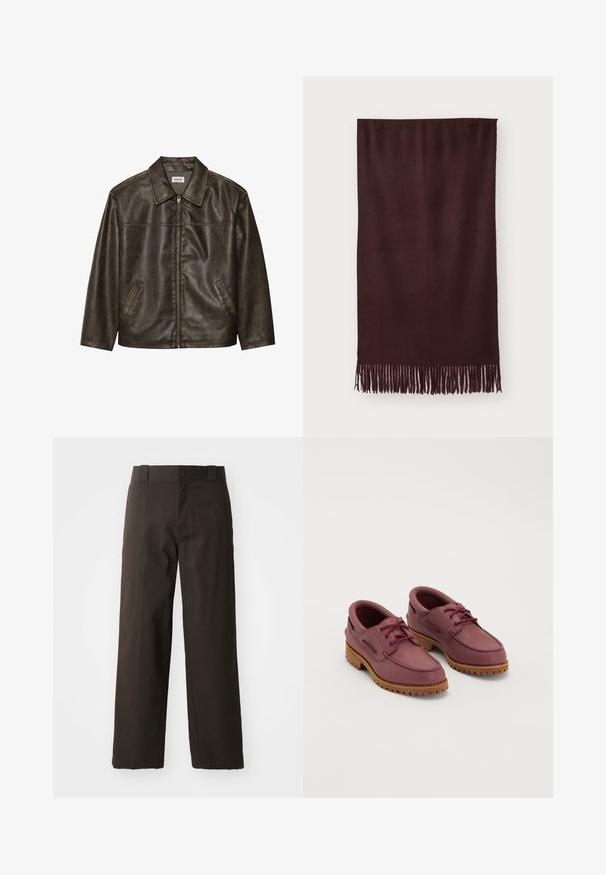 Chaqueta de cuero marrón con cuello, cierre de cremallera y dos bolsillos laterales. Textura suave con un acabado ligeramente desgastado.; Suéter de punto marrón sin mangas con cuello redondo, bordes acanalados y textura suave; la etiqueta dice "WEEKDAY".; Camiseta de algodón negra con cuello redondo, mangas cortas y dobladillo recto. Textura suave; diseño sencillo y sin adornos.; Pantalones de algodón negros con un diseño de pierna recta, que cuentan con un cierre de botón y una cinturilla clásica. Textura suave, sin patrones ni acentos.; Un par de zapatos de barco de cuero marrón oscuro con suelas de goma gruesas color beige y cordones rojos sobre un fondo blanco.; Bufanda marrón hecha de un tejido suave, con una textura lisa y flecos largos en el dobladillo para un detalle adicional. Forma rectangular, se drapea de forma plana.