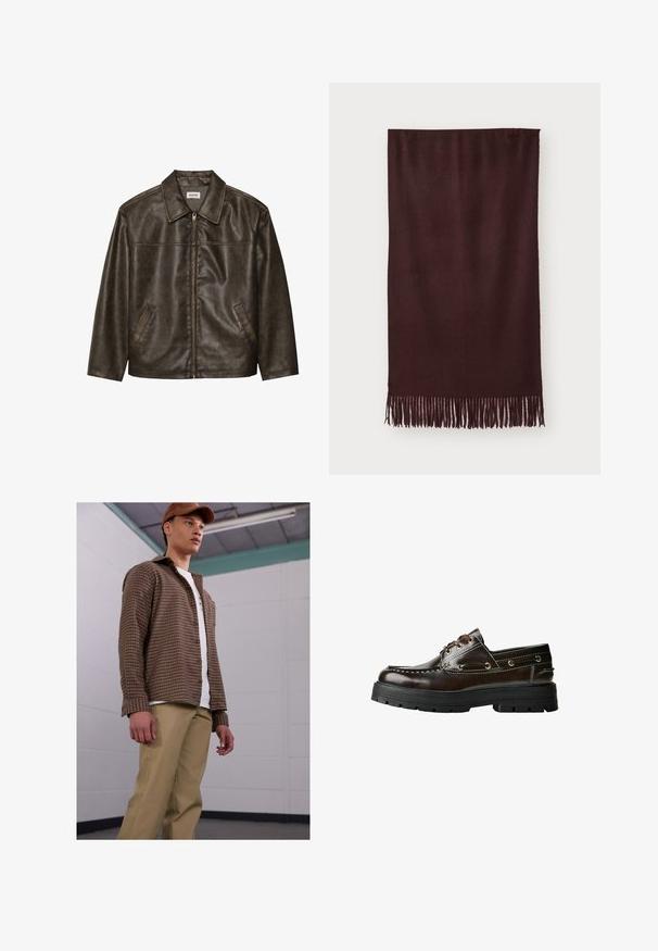 Giacca in pelle marrone con colletto, chiusura a zip e due tasche laterali. Texture liscia con una finitura leggermente invecchiata.; Maglione marrone senza maniche in maglia, con scollo rotondo, bordi a coste e texture morbida; etichetta con la scritta "WEEKDAY".; Maglietta nera in cotone con colletto rotondo, maniche corte e orlo dritto. Texture liscia; design semplice e privo di decorazioni.; Camicia a quadri marrone con maniche lunghe, abbinata a pantaloni beige, indossata sopra una t-shirt bianca. Il modello si trova in un ambiente interno semplice.; Scarpa da barca in pelle marrone con suola in gomma, dotata di dettagli di cucitura, occhielli metallici e design con lacci. Costruzione robusta e leggera.; Sciarpa marrone scura realizzata in tessuto morbido, caratterizzata da una texture liscia e lunghe frange sull'orlo per un tocco di dettaglio. Forma rettangolare, si drappeggia piatta.