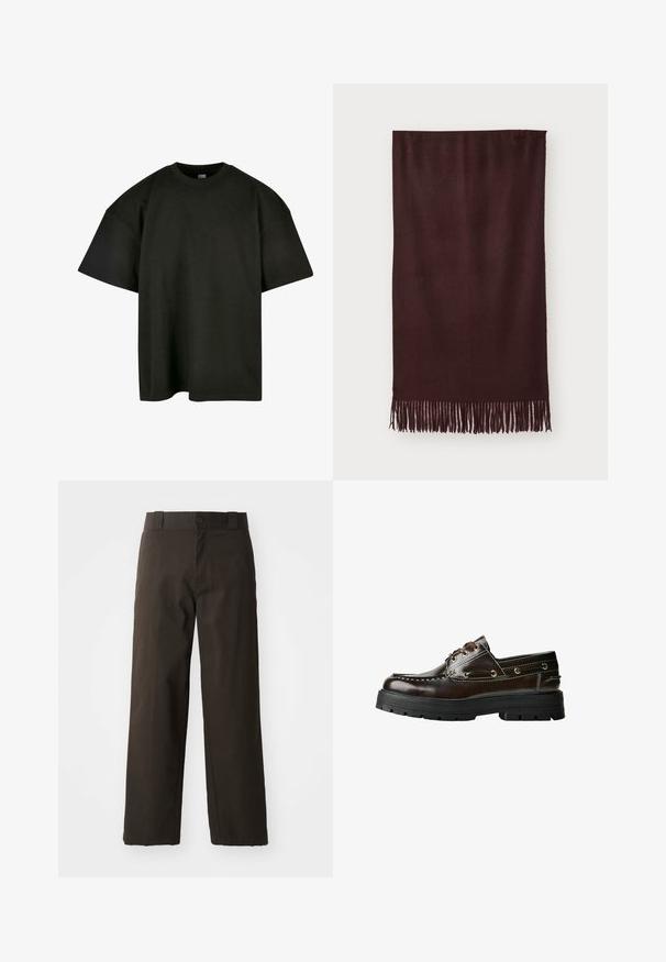 Ruskea nahkatakki, jossa on kaulus, vetoketjukiinnitys ja kaksi sivutaskua. Silkkinen pinta, jossa on hieman kulunut viimeistely.; Ruskea hihaton neulepaita pyöreällä pääntiellä, resorit reunoissa ja pehmeä pinta; merkinnässä lukee "WEEKDAY."; Musta ylisuurikokoinen t-paita pehmeästä puuvillasta. Ominaisuuksiin kuuluvat pyöreä crew-yläosa ja lyhyet hihat, sileä pinta ja minimalistinen muotoilu.; Mustat puuvillahousut suoralla lahkeella, joissa on nappisulku ja klassinen vyötärö. Sujuva rakenne, ilman kuvioita tai yksityiskohtia.; Ruskea nahkainen venehepo, jossa on kumipohja, ompelu yksityiskohtia, metalliset rei'itykset ja nauhoitussuunnittelu. Raskas, mutta kevyt rakenne.; Burgundy huivi, joka on valmistettu pehmeästä kankaasta. Huivissa on sileä pinta ja pitkät hapsut reunoissa lisätyylin vuoksi. Suorakulmainen muoto, laskeutuu tasaisesti.