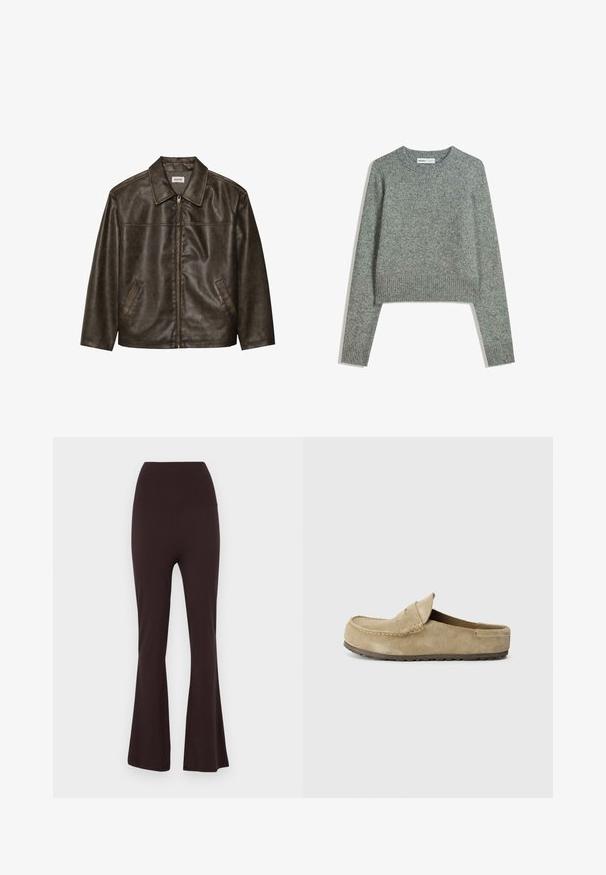 Brun læderjakke med krave, lynlås lukning og to sidelommer. Glat tekstur med en let slidt finish.; Lys grå cropped sweater lavet af blødt, struktureret materiale. Har lange ærmer, en ribbet halsudskæring og en ribbet kant. Enkel design.; Brune flagrende bukser lavet af blødt, strækbart materiale. Høj livet design, glat tekstur og fuld længde med bred kant nederst.; Birkenstock NAPLES WRAPPED LEVE TAUPEN - REGULAR - Slip-on sandaler - taupe