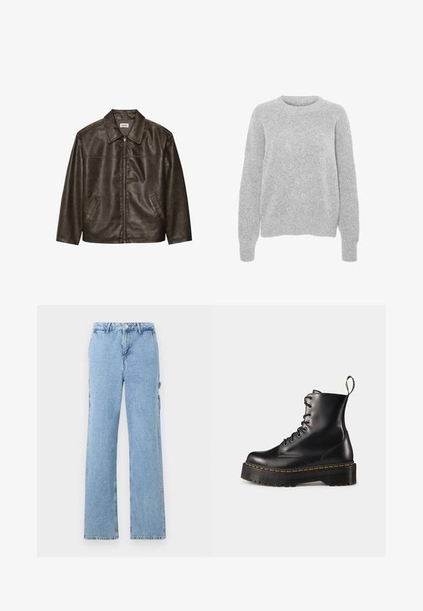 Ruda odinė striukė su apykakle, užtrauktuku ir dviem šoninėmis kišenėmis. Lygus paviršius su šiek tiek nusidėvėjusiu apdaila.; Pilkas megztinis su ilgomis rankovėmis, apvaliu iškirpimu, raukšlėtomis rankogaliais ir apatine dalimi, pasižymintis švelnia tekstūra ir laisvu siluetu.; Šviesiai mėlynos džinsinės cargo kelnės tiesiomis kojomis, su šoninėmis kišenėmis ir kontrastinėmis siūlėmis. Klasikinis penkių kišenių stilius.; Juodi odiniai auliniai batai su raišteliais, turintys masyvų juodą pado ir geltoną siūlą. Su nugarinėmis kilpomis ir apvaliais metaliniais akių laikikliais.