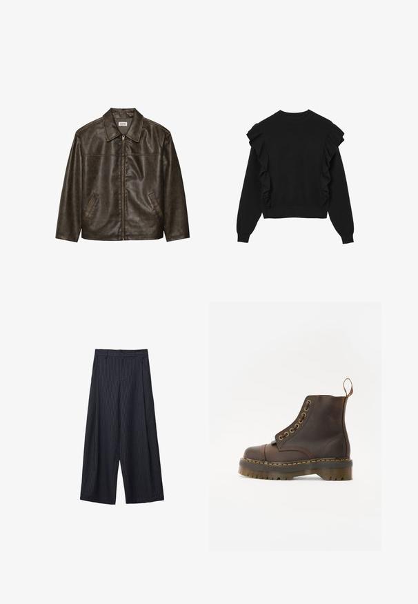 Braune Lederjacke mit Kragen, Reißverschluss und zwei Seitentaschen. Glatte Textur mit einem leicht abgenutzten Finish.; Schwarzer Pullover mit Rüschenverzierungen an den Schultern, langen Ärmeln, rundem Ausschnitt und taillierter Länge. Hergestellt aus weichem Strickmaterial.; Weite Hosen aus dunkelblauem Stoff mit vertikalen weißen Nadelstreifen, ausgestattet mit einem Knopfverschluss und seitlichen Taschen, glatte Textur, maßgeschneiderte Design.; Braune Leder-Ankleboots mit runder Spitze, kontrastierenden gelben Nähten, dekorativen Metallösen und rutschfester Gummisohle.