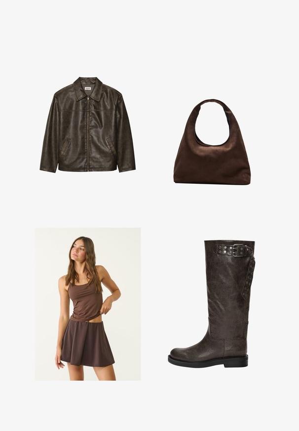Ruskea nahkatakki, jossa on kaulus, vetoketjukiinnitys ja kaksi sivutaskua. Silkkinen pinta, jossa on hieman kulunut viimeistely.; Pitkähihaine ribbipaitojen, joissa on maroonin ja kermanväriset vaaka-raidat, pyöreä pääntie ja muotoiltu malli, joka tarjoaa teksturoidun ilmeen.; Ruskea tanktoppi ja siihen sopiva laineileva hame, valmistettu pehmeästä ja kevyestä kankaasta. Yläosassa on ohuet hihnat ja tiukka siluetti.; Korkean varren ruskea nahkakenkä, jossa on tekstuuripinta, sivuilla solki- ja napin yksityiskohtia, sekä tasainen kumipohja.; Pehmeä ruskea hobo-tyylinen käsilaukku, jossa on yksi leveä olkahihna ja kaareva yläosan aukko, esitelty valkoista taustaa vasten.