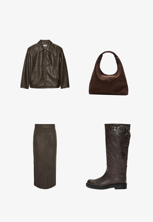 Hnědá kožená bunda s límcem, zipovým zapínáním a dvěma postranními kapsami. Hladký povrch s jemně opotřebovaným vzhledem.; Dlouhý rukáv žebrovaný svetr s bordó a krémovými vodorovnými pruhy, kulatým výstřihem a přiléhavým střihem, který nabízí texturovaný vzhled.; Pieces Maxi sukně - morel; Hnědé kožené vysoké boty k kolenům s texturovaným povrchem, se sponou a cvočkovými detaily na boku, a plochou gumovou podrážkou.; Měkká hnědá kabelka ve stylu hobo s jedním širokým popruhem a zakřiveným horním otvorem, vystavená na bílém pozadí.